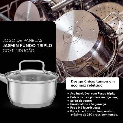 Jogo de Panelas Brinox Aço Inoxidável Fundo Triplo 5 Peças Jasmin com Indução - Imagem 5