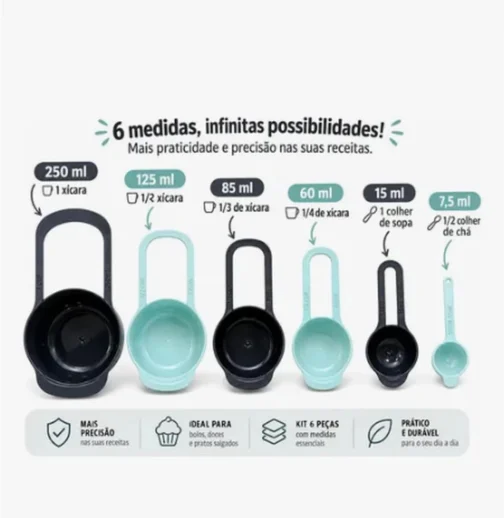 Kit 6 Medidores de Cozinha – Xícaras e Colheres Medidoras 7,5ml a 250ml para Sólidos e Líquidos | Conjunto Empilhável em Plástico Resistente para Culinária e Confeitaria - Imagem 3