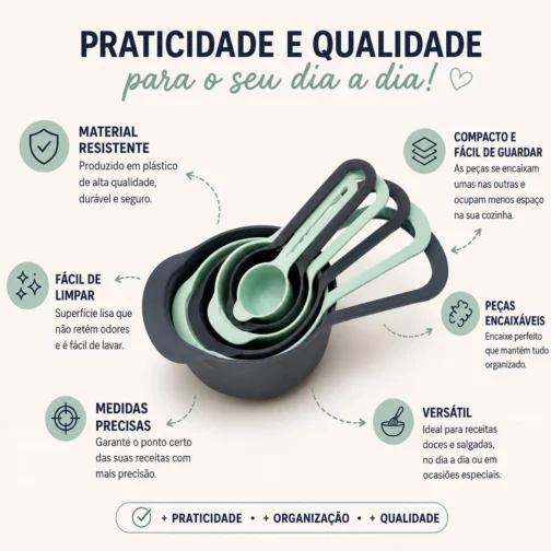 Kit 6 Medidores de Cozinha – Xícaras e Colheres Medidoras 7,5ml a 250ml para Sólidos e Líquidos | Conjunto Empilhável em Plástico Resistente para Culinária e Confeitaria - Imagem 7