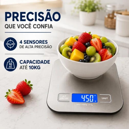 Balança de Cozinha Digital para Alimentos em Inox Resistente a Água Com Base Antiderrapante e Visor de Alta Definição Pesagem de 1g até 10kg - Imagem 2