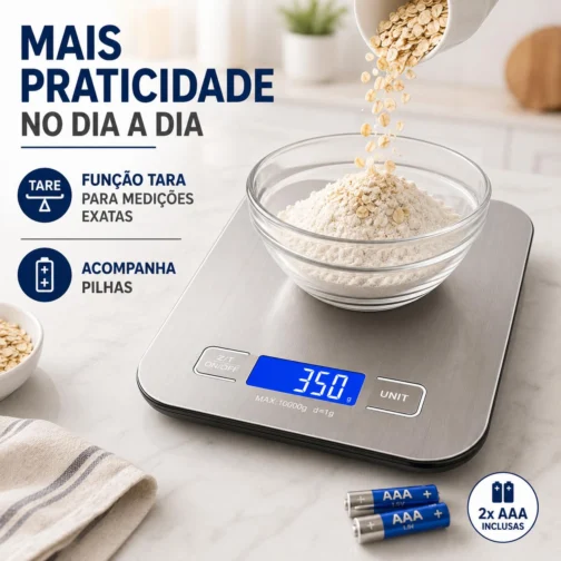 Balança de Cozinha Digital para Alimentos em Inox Resistente a Água Com Base Antiderrapante e Visor de Alta Definição Pesagem de 1g até 10kg - Imagem 4