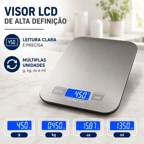 Balança de Cozinha Digital para Alimentos em Inox Resistente a Água Com Base Antiderrapante e Visor de Alta Definição Pesagem de 1g até 10kg - Imagem 5