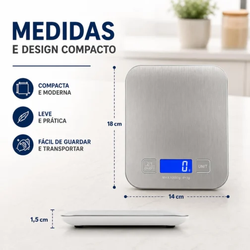 Balança de Cozinha Digital para Alimentos em Inox Resistente a Água Com Base Antiderrapante e Visor de Alta Definição Pesagem de 1g até 10kg - Imagem 6