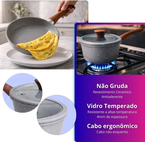 Jogo de Panelas de Carâmica Antiaderente Fundo Tripo 5 peças com indução - Imagem 4