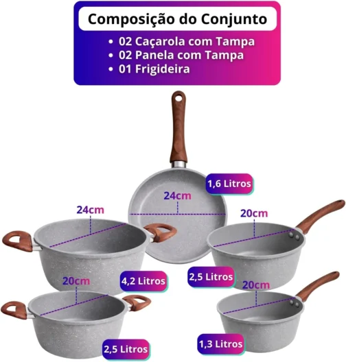 Jogo de Panelas de Carâmica Antiaderente Fundo Tripo 5 peças com indução - Imagem 5