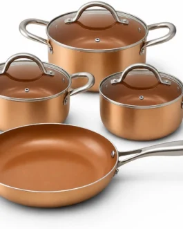 Conjunto de Panelas Antiaderente com Revestimento Cerâmico, Cabo Bifurcado Ergonômico (Champagne Gold)