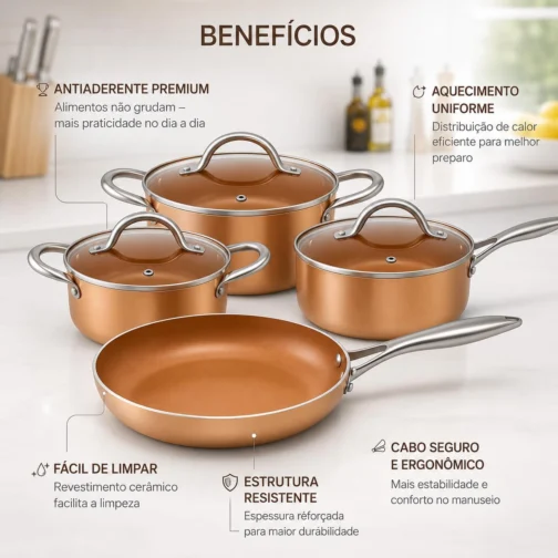 Conjunto de Panelas Antiaderente com Revestimento Cerâmico, Cabo Bifurcado Ergonômico (Champagne Gold) - Imagem 3