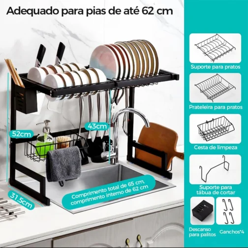 Organizador Pia da Cozinha Escorredor de Louça Suspenso 65cm Premium - Imagem 2
