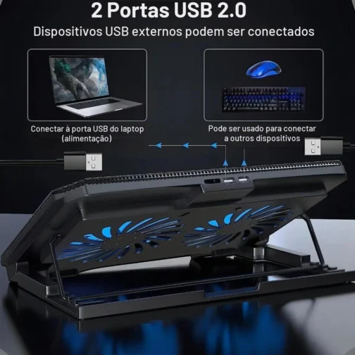 Suporte Para Notebook Silencioso LED Com Cooler Duplo Base Ergonômica 8 Níveis de Altura Refrigerada com 2 Coolers Potentes e Com Suporte Para Celular Integrado, Saida USB Adicional - Imagem 4