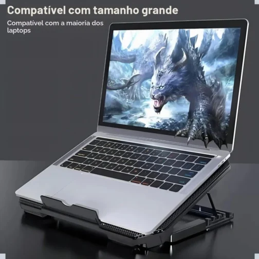 Suporte Para Notebook Silencioso LED Com Cooler Duplo Base Ergonômica 8 Níveis de Altura Refrigerada com 2 Coolers Potentes e Com Suporte Para Celular Integrado, Saida USB Adicional - Imagem 5