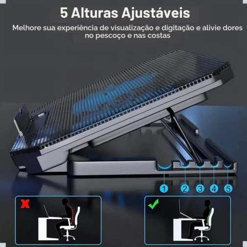 Suporte Para Notebook Silencioso LED Com Cooler Duplo Base Ergonômica 8 Níveis de Altura Refrigerada com 2 Coolers Potentes e Com Suporte Para Celular Integrado, Saida USB Adicional - Imagem 6