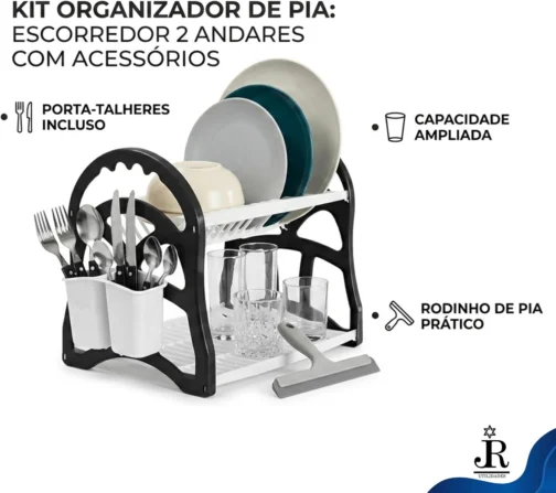 Escorredor de Louça 2 Andares Organizador de Pia Cozinha Compacto Pratos Copos e Porta Talheres Plástico Resistente Desmontável Secador com Rodinho de Pia Pequeno - RJI Utilidades (Preto e Branco) - Imagem 2