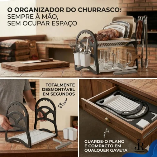 Escorredor de Louça 2 Andares Organizador de Pia Cozinha Compacto Pratos Copos e Porta Talheres Plástico Resistente Desmontável Secador com Rodinho de Pia Pequeno - RJI Utilidades (Preto e Branco) - Imagem 3