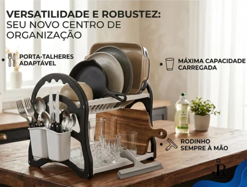 Escorredor de Louça 2 Andares Organizador de Pia Cozinha Compacto Pratos Copos e Porta Talheres Plástico Resistente Desmontável Secador com Rodinho de Pia Pequeno - RJI Utilidades (Preto e Branco) - Imagem 4