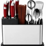 Porta-Facas e Talheres em Aço Inoxidável 27x20x9 cm, Escorredor de Talheres com Drenagem, Organizador de Cozinha Multiuso com Compartimentos para Facas, Garfos, Colheres e Utensílios