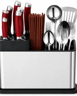 Porta-Facas e Talheres em Aço Inoxidável 27x20x9 cm, Escorredor de Talheres com Drenagem, Organizador de Cozinha Multiuso com Compartimentos para Facas, Garfos, Colheres e Utensílios