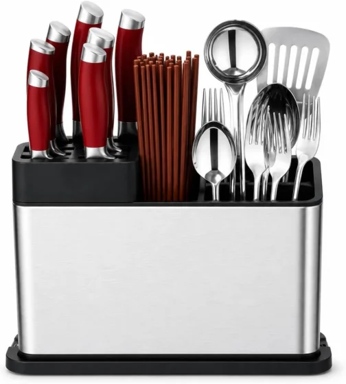 Porta-Facas e Talheres em Aço Inoxidável 27x20x9 cm, Escorredor de Talheres com Drenagem, Organizador de Cozinha Multiuso com Compartimentos para Facas, Garfos, Colheres e Utensílios
