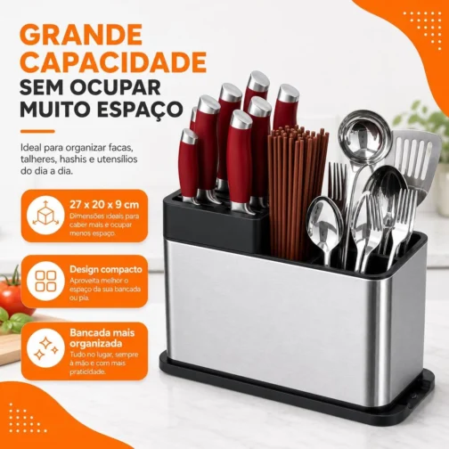 Porta-Facas e Talheres em Aço Inoxidável 27x20x9 cm, Escorredor de Talheres com Drenagem, Organizador de Cozinha Multiuso com Compartimentos para Facas, Garfos, Colheres e Utensílios - Imagem 2