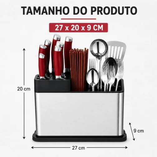 Porta-Facas e Talheres em Aço Inoxidável 27x20x9 cm, Escorredor de Talheres com Drenagem, Organizador de Cozinha Multiuso com Compartimentos para Facas, Garfos, Colheres e Utensílios - Imagem 3