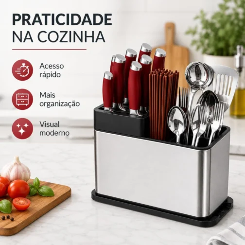 Porta-Facas e Talheres em Aço Inoxidável 27x20x9 cm, Escorredor de Talheres com Drenagem, Organizador de Cozinha Multiuso com Compartimentos para Facas, Garfos, Colheres e Utensílios - Imagem 4
