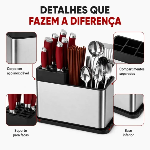 Porta-Facas e Talheres em Aço Inoxidável 27x20x9 cm, Escorredor de Talheres com Drenagem, Organizador de Cozinha Multiuso com Compartimentos para Facas, Garfos, Colheres e Utensílios - Imagem 5