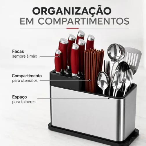Porta-Facas e Talheres em Aço Inoxidável 27x20x9 cm, Escorredor de Talheres com Drenagem, Organizador de Cozinha Multiuso com Compartimentos para Facas, Garfos, Colheres e Utensílios - Imagem 6