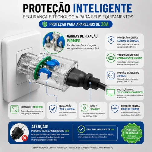 DPS Protetor Contra Surtos 20A(Pino Grosso) Bivolt 3600W Padrão BR 3 Pinos - Imagem 7