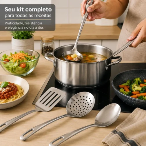 Kit Utensílios de Cozinha 4 Peças em Aço Inox – Concha, Escumadeira, Espátula Vazada e Colher de Arroz – Resistente à Ferrugem, Cabo Longo, Fácil de Limpar, Ideal para Cozinhas Modernas - Imagem 2