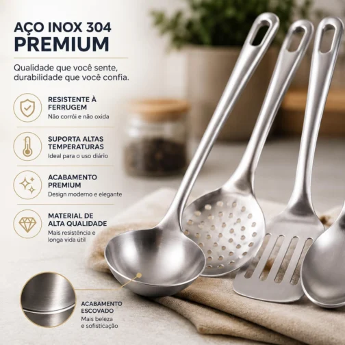 Kit Utensílios de Cozinha 4 Peças em Aço Inox – Concha, Escumadeira, Espátula Vazada e Colher de Arroz – Resistente à Ferrugem, Cabo Longo, Fácil de Limpar, Ideal para Cozinhas Modernas - Imagem 3