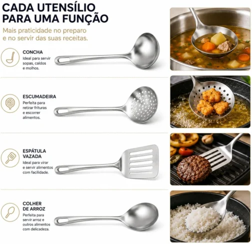 Kit Utensílios de Cozinha 4 Peças em Aço Inox – Concha, Escumadeira, Espátula Vazada e Colher de Arroz – Resistente à Ferrugem, Cabo Longo, Fácil de Limpar, Ideal para Cozinhas Modernas - Imagem 4