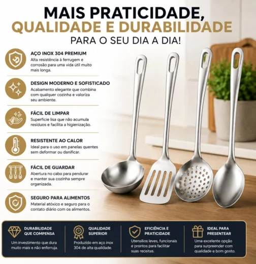 Kit Utensílios de Cozinha 4 Peças em Aço Inox – Concha, Escumadeira, Espátula Vazada e Colher de Arroz – Resistente à Ferrugem, Cabo Longo, Fácil de Limpar, Ideal para Cozinhas Modernas - Imagem 5