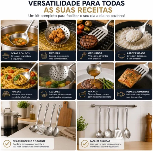 Kit Utensílios de Cozinha 4 Peças em Aço Inox – Concha, Escumadeira, Espátula Vazada e Colher de Arroz – Resistente à Ferrugem, Cabo Longo, Fácil de Limpar, Ideal para Cozinhas Modernas - Imagem 6