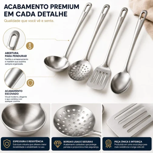 Kit Utensílios de Cozinha 4 Peças em Aço Inox – Concha, Escumadeira, Espátula Vazada e Colher de Arroz – Resistente à Ferrugem, Cabo Longo, Fácil de Limpar, Ideal para Cozinhas Modernas - Imagem 7