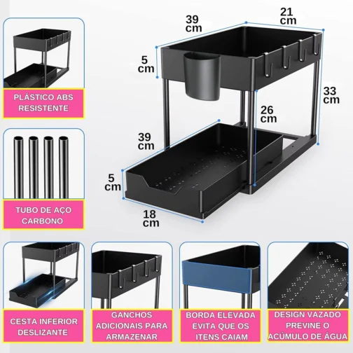 Organizador de Armazenamento com 2 Camadas e Gaveta Deslizante Ideal para Pias, Cozinha, Banheiro, Sala e Escritório Design Compacto, Resistente e Fácil de Montar - Imagem 3