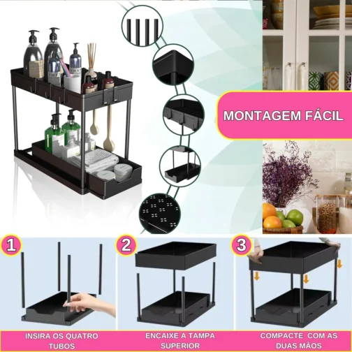 Organizador de Armazenamento com 2 Camadas e Gaveta Deslizante Ideal para Pias, Cozinha, Banheiro, Sala e Escritório Design Compacto, Resistente e Fácil de Montar - Imagem 5