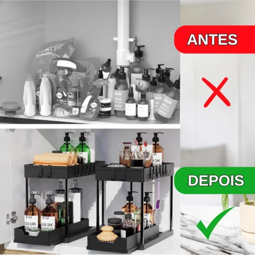 Organizador de Armazenamento com 2 Camadas e Gaveta Deslizante Ideal para Pias, Cozinha, Banheiro, Sala e Escritório Design Compacto, Resistente e Fácil de Montar - Imagem 6