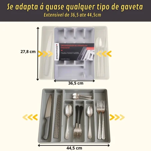 Organizador de Talheres Extensível 5 a 7 Divisórias Cinza | Porta Utensílios para Gaveta de Cozinha | Ajustável, Resistente e Prático - Imagem 2