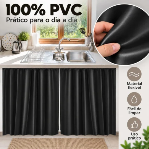 Cortina para Pia Cozinha PVC Preta 138x80cm Antimofo Fácil Limpeza - Imagem 3