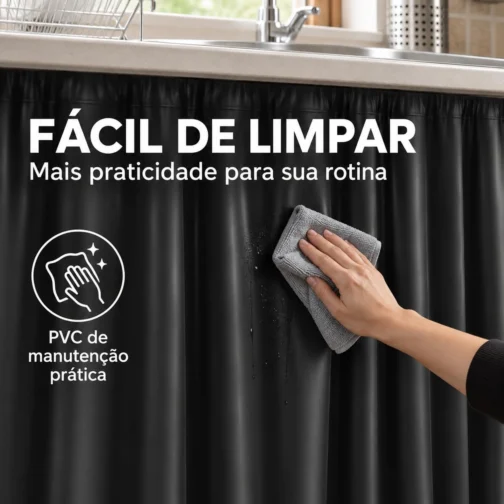 Cortina para Pia Cozinha PVC Preta 138x80cm Antimofo Fácil Limpeza - Imagem 4