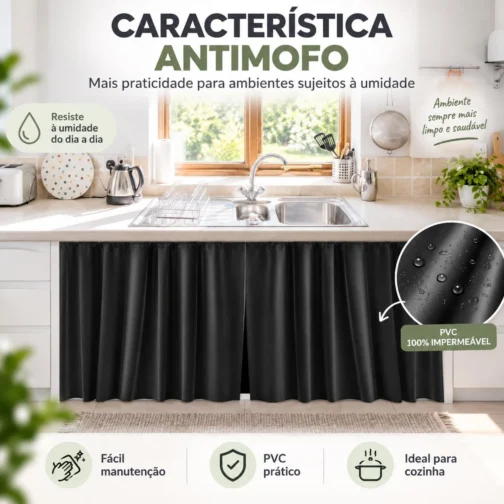 Cortina para Pia Cozinha PVC Preta 138x80cm Antimofo Fácil Limpeza - Imagem 5