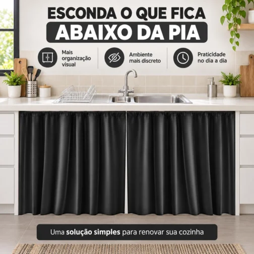 Cortina para Pia Cozinha PVC Preta 138x80cm Antimofo Fácil Limpeza - Imagem 7