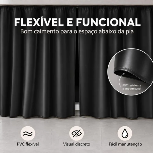 Cortina para Pia Cozinha PVC Preta 138x80cm Antimofo Fácil Limpeza - Imagem 8