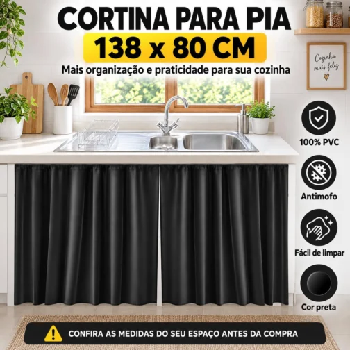 Cortina para Pia Cozinha PVC Preta 138x80cm Antimofo Fácil Limpeza - Imagem 9