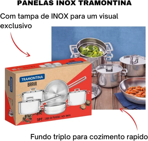 Jogo de Panelas Fundo Triplo com Tampa Plana 5 Peças, Tramontina, 65400010, Inox - Imagem 3