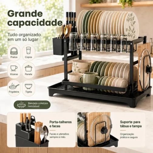 Escorredor de Louça 2 Andares Inox Preto com Porta Talheres Organizador - Imagem 2