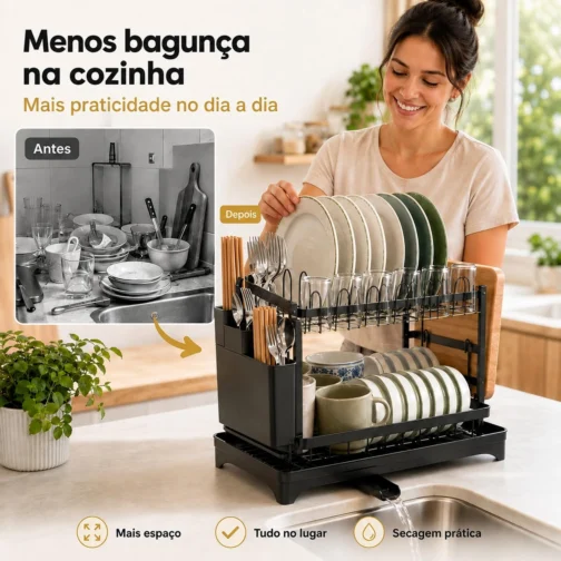 Escorredor de Louça 2 Andares Inox Preto com Porta Talheres Organizador - Imagem 3