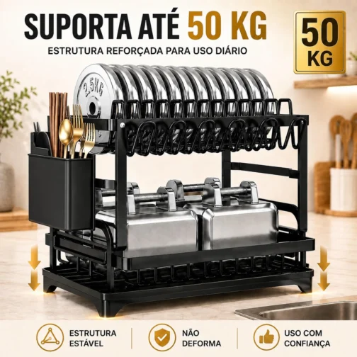 Escorredor de Louça 2 Andares Inox Preto com Porta Talheres Organizador - Imagem 4