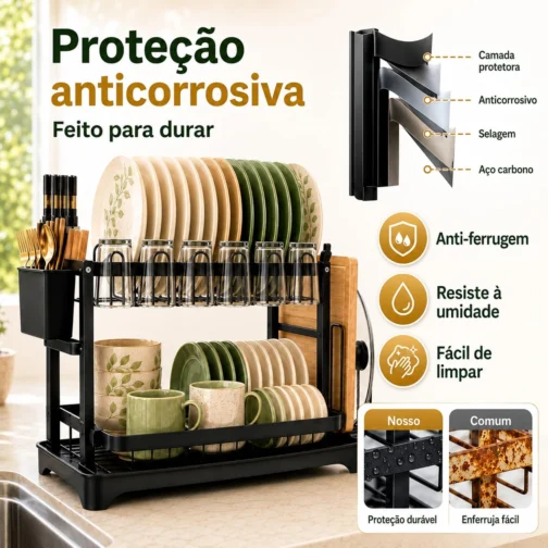 Escorredor de Louça 2 Andares Inox Preto com Porta Talheres Organizador - Imagem 5