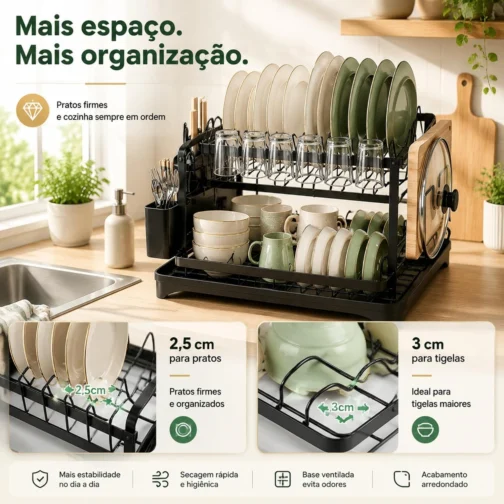 Escorredor de Louça 2 Andares Inox Preto com Porta Talheres Organizador - Imagem 6
