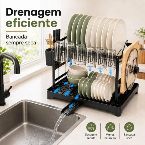 Escorredor de Louça 2 Andares Inox Preto com Porta Talheres Organizador - Imagem 7